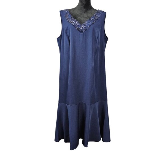 Maya Brooke Two-Piece Sleeveless And Crop Navy Blue Sequins Jacket Dress - Picture 3 of 16